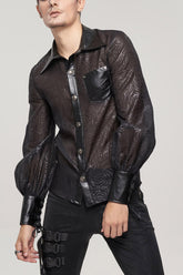 Chemise pour homme à manches longues avec motif vertical punk noir, décoration à cordon de serrage et effet transparent